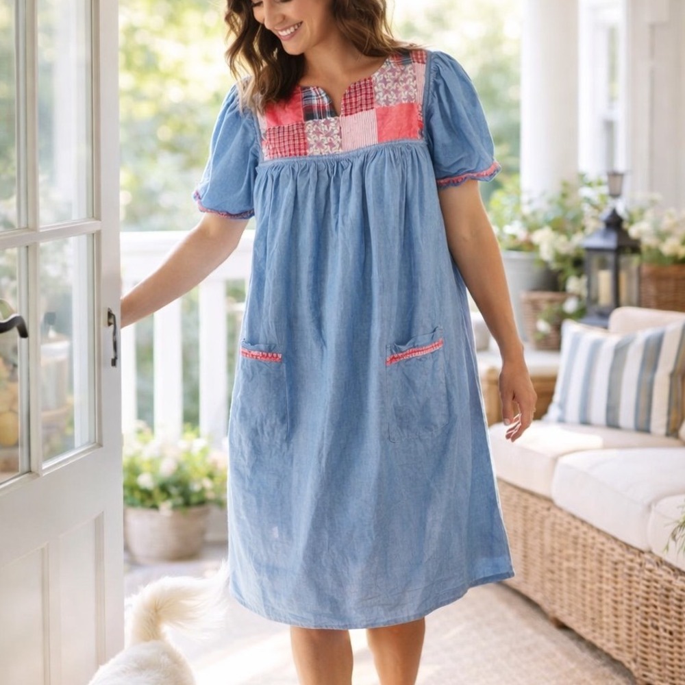 Q2 Go Softly Patio Cotton Chambray Patchwork Muumuu House Dress Women's Small